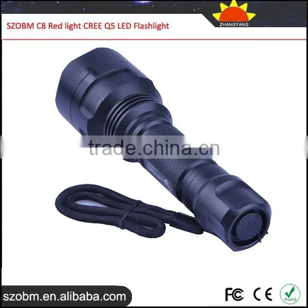 2016 Latest SZOBM C8 Red Light Q5 LED Flashlight, Red Light Aluminum Alloy C8 Tactical LED Flashlight Torch