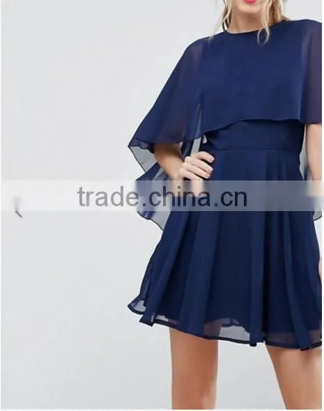 OEM Service Supply Type And Evening / Formal Dresses Type Elegant Evening Dress/ Navy Chiffon Dip Back Cape Mini Dress
