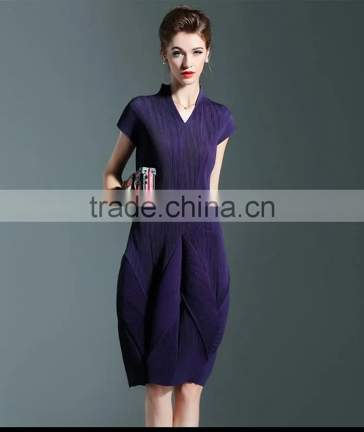 Solid colors women draped V neck lantern dresses with short sleeve