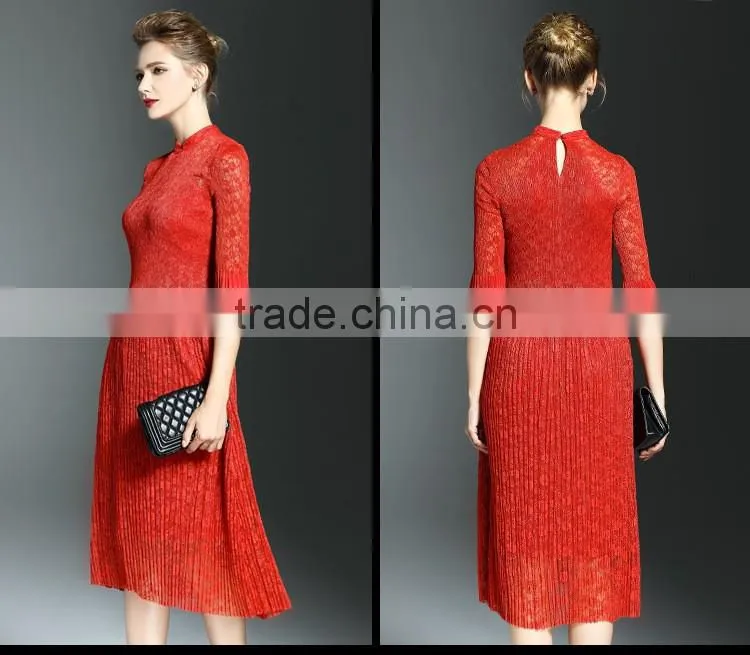 Elegant lady lace hollow out embroidery A-line pleated fold lace dress