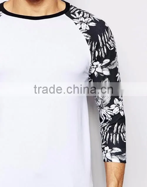 Men muscle fit floral pattern print contrast long raglan sleeve white t-shirt OEM custom