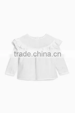 Latest tops designs girls long sleeve Plain White ruffle blouse children's boutique clothing