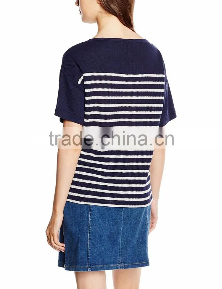 2017 Guangzhou Wholesaler 180g 95% Cotton 5% Polyester Summer Stripe Short Sleeve Waffle T Shirt Woman