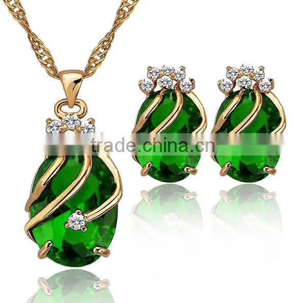 Copper Gemstone Fashion Jewelry Sets,Drop Earrings Crystal Pendant Necklace Bridal Jewelry Set (Red,Green,Blue,Purple and Black)