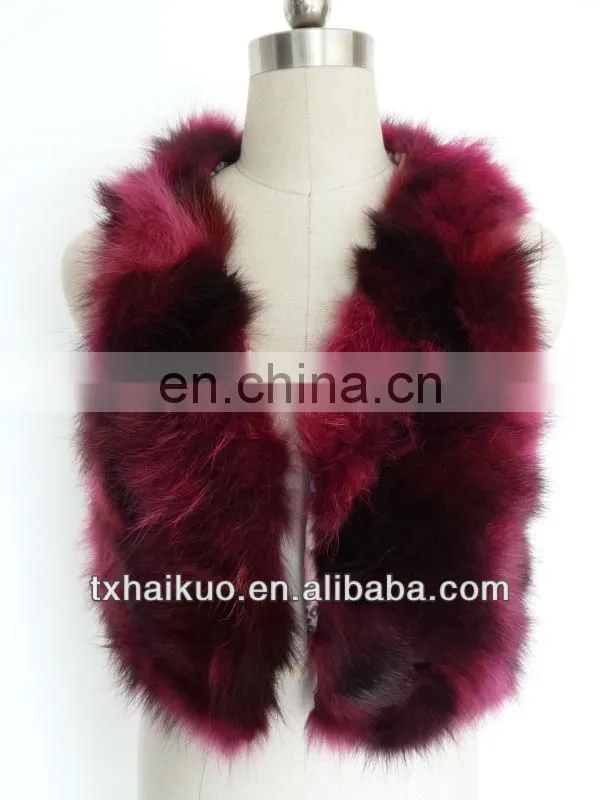 2013 new dyed pink and black color reccoon fur vest with two hook eyes closed, 100% polyester lining