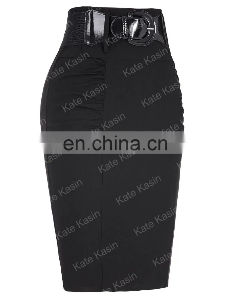 Kate Kasin Women's Shirred Detail High Stretchy Pencil Skirt with Wide Belt KK000271-1