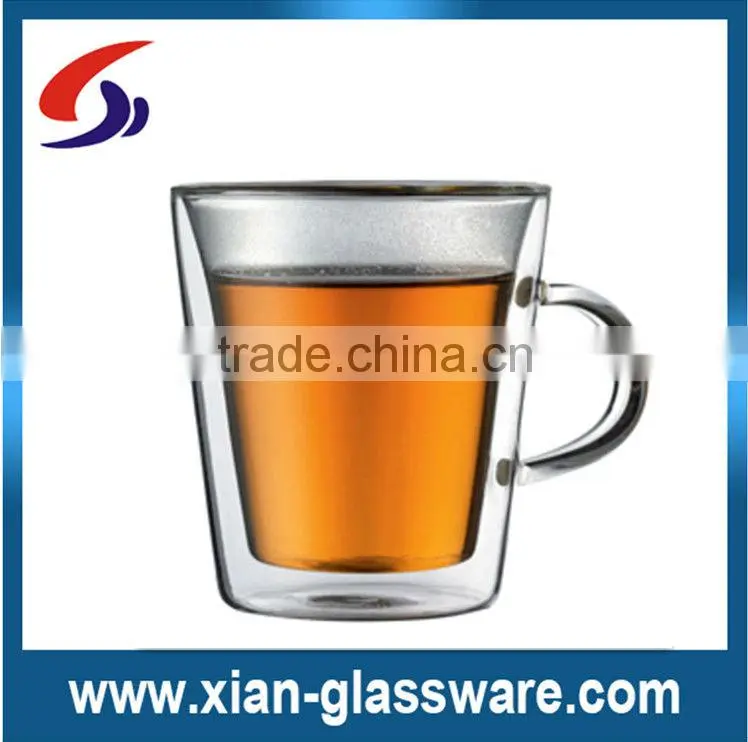 Promotional wholesale handmade clear high quality glass cup with handle/double wall glass cup with handle for home/wedding/bar