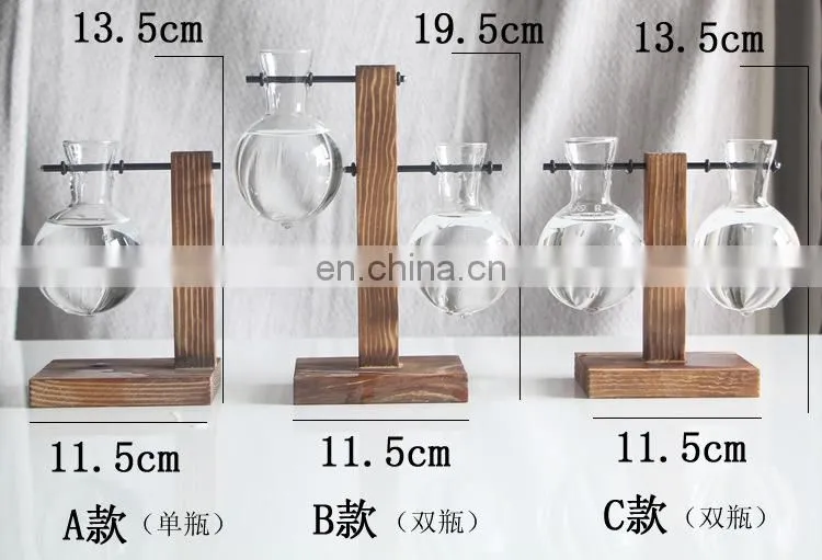 Terrarium Hydroponic Plant Vases Vintage Flower Pot Transparent Vase Wooden Frame Glass Tabletop Plants Home Bonsai Decor