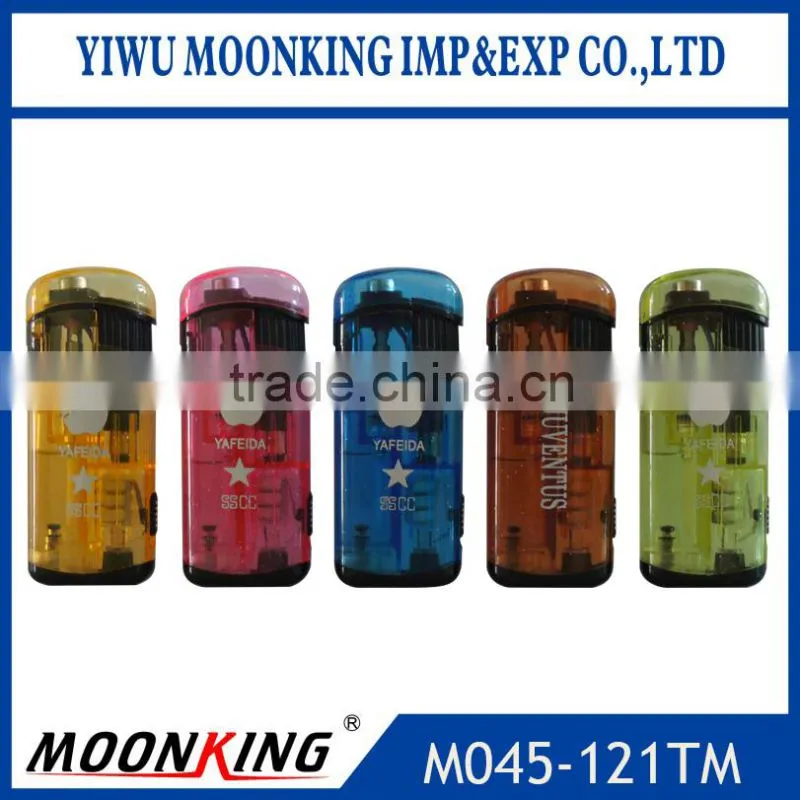 Fashion electric transparent printing logo refill valve cigarette lighter with flashlight