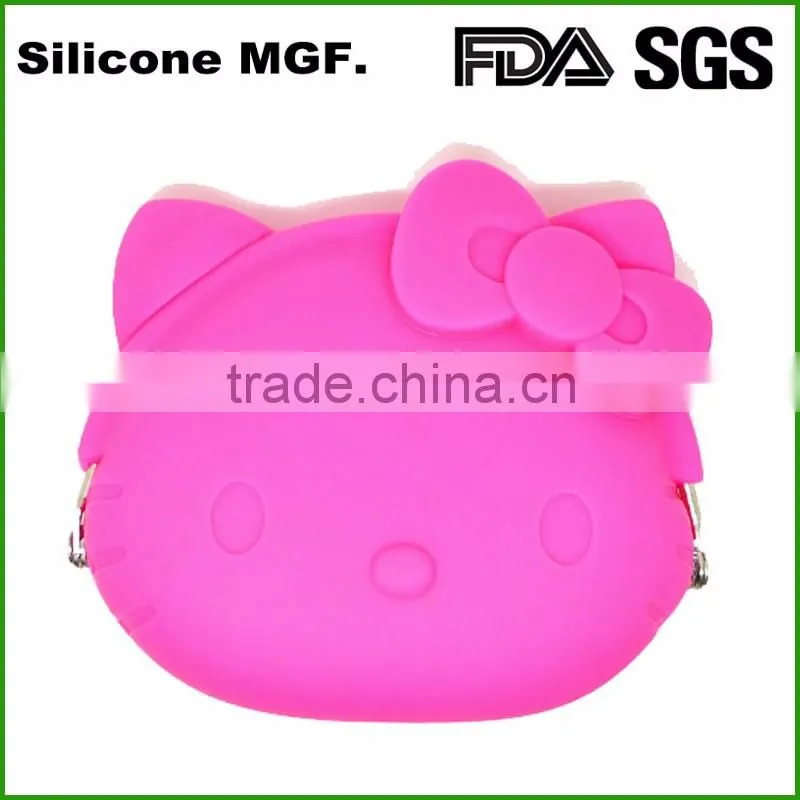 Nice quality cute cartoon cat design silicone coin purse case with ropes