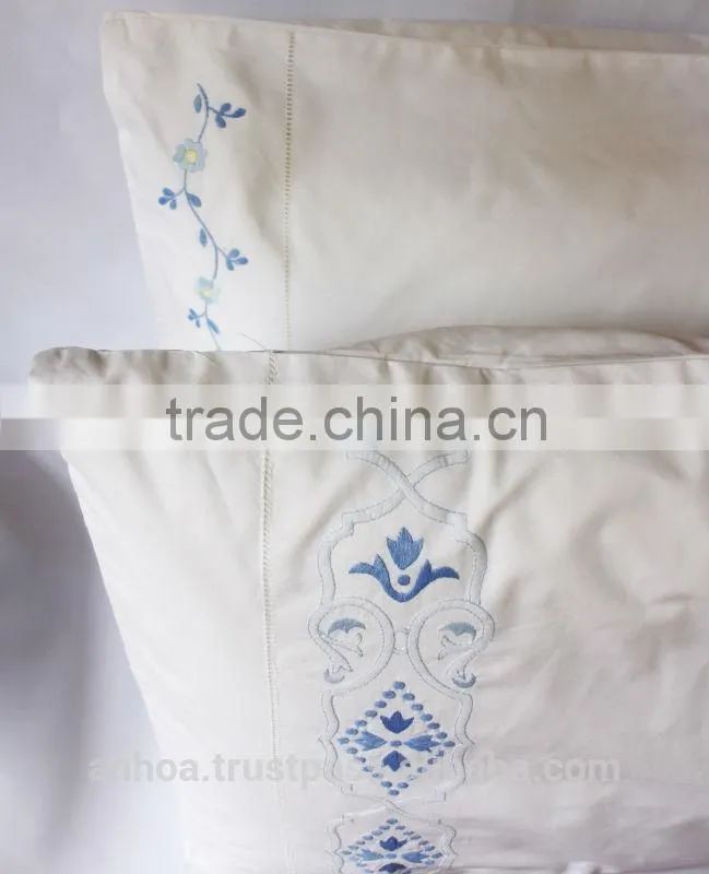 100% white cotton blue pattern embroidered hemstitched pillowcases