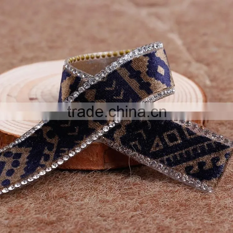 Printing Design Velvet Ribbon Rhinestone Chain Trimmings For Dresses