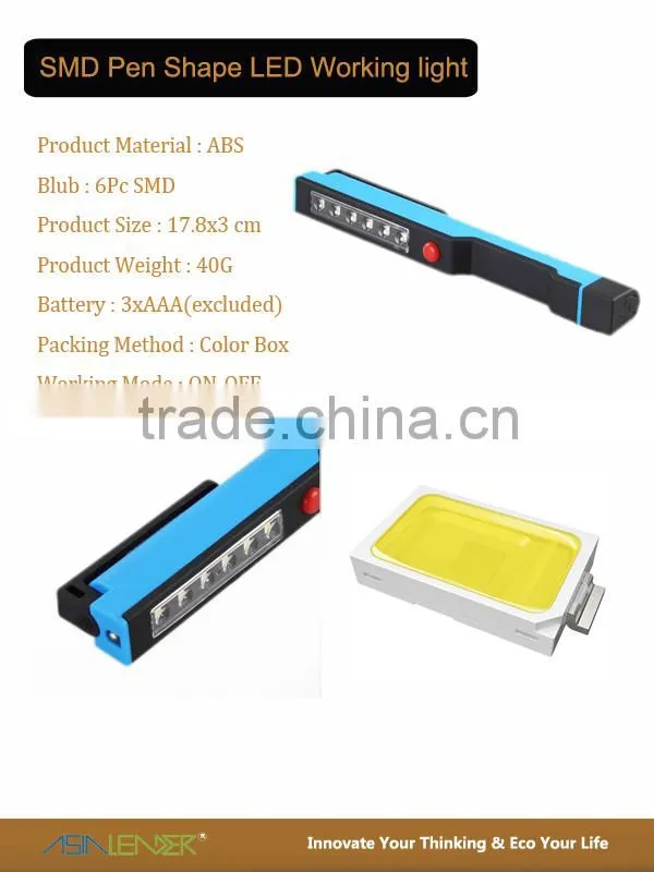 2015 HOT SELLING!ABS Material 6 smd Magnetic Pen Work Light