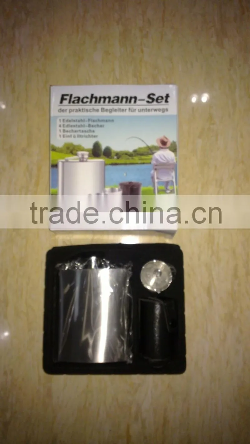 7oz hip flask with small funnel and 4pcs cup and leather bag in gift box