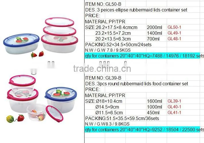3pcs TPR rectangle rubbermaid food storage container set