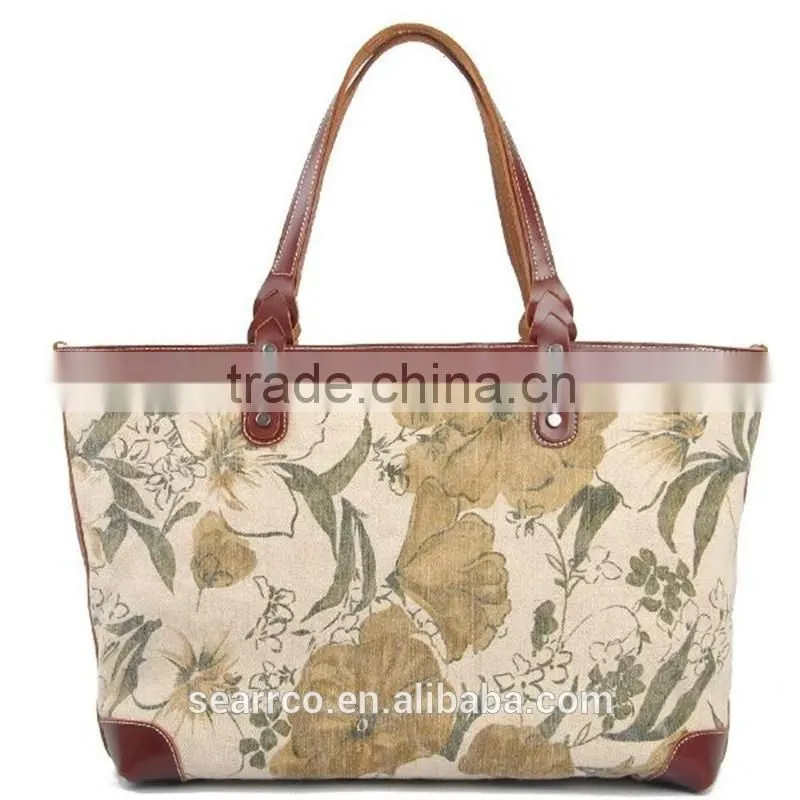 Wholesale alibaba super canvas shopping bag beach tote bag with leather trim and leather handle