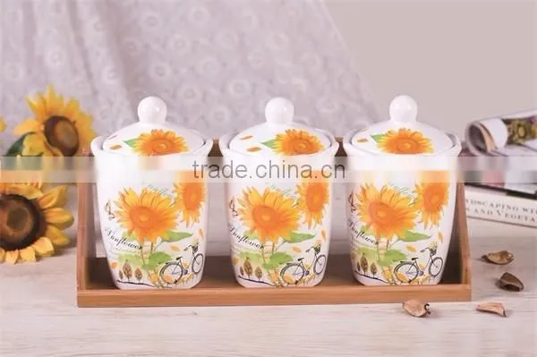 Sunflower Decal Ceramic Tea Coffee Sugar Canisters Set with Bamboo Stand