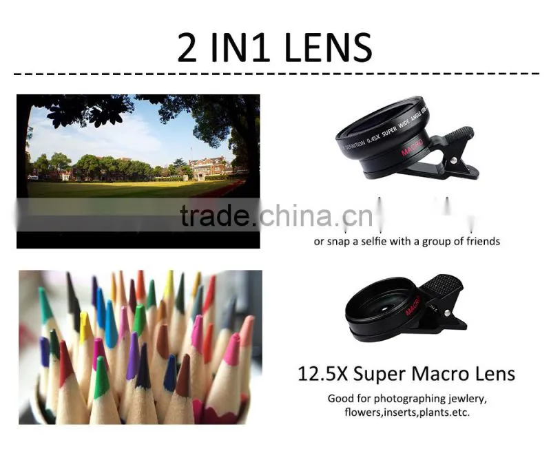Newest Premium Quality 0.45X HD Super Wide Angle Lens 12.5X Macro 2 in 1 Lens Kit for iPhone 6S SE 5S Huawei HTC