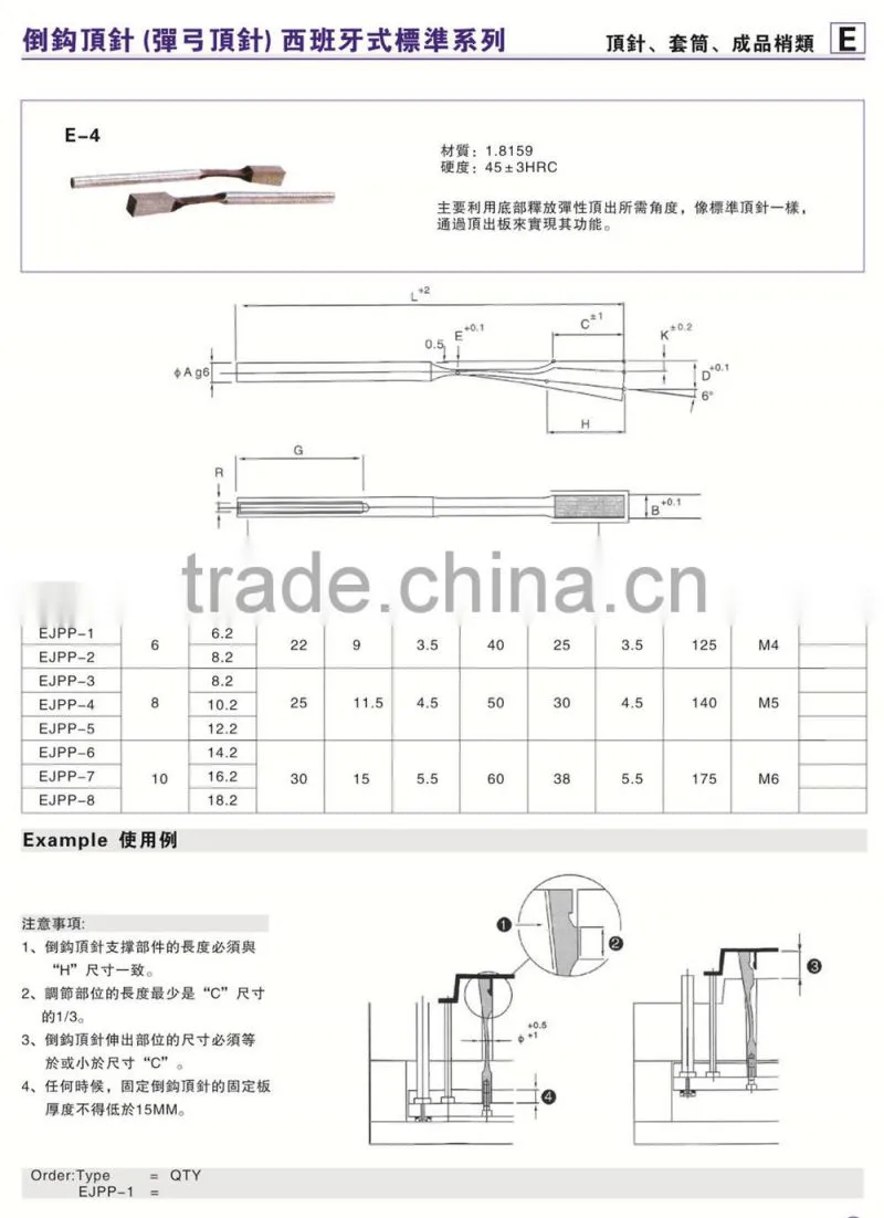 High Precision Sprung Core/ Ejector Pins/Core Pin in mold