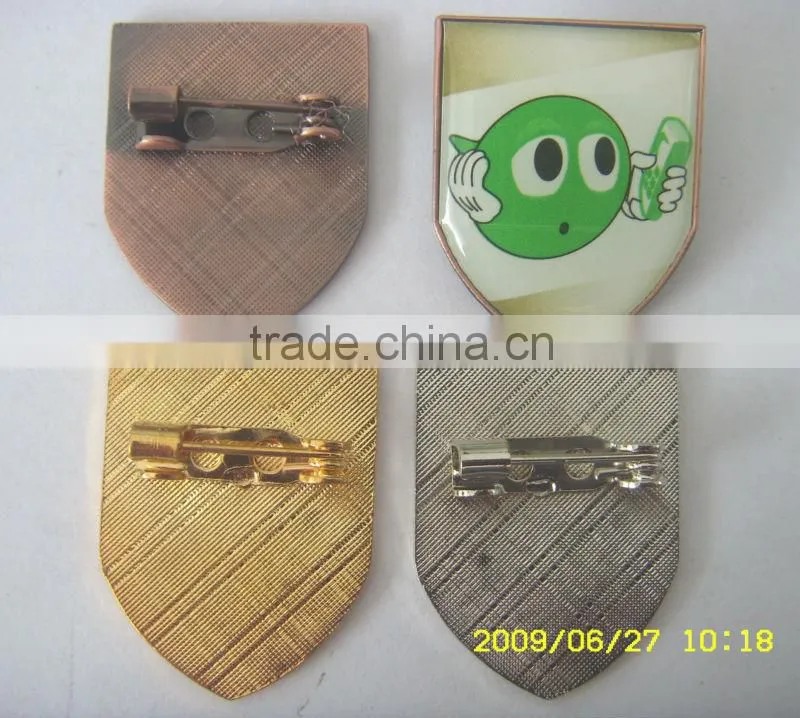 epoxy resin domed metal lapel pin,shiled shape metal epoxy pin badge