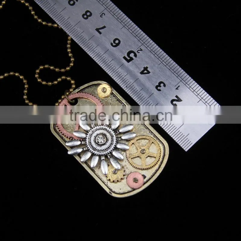 2015 yiwu fashion imitation jewelry hot sale steampunk necklace dog tag gear steam flower pendant cameo statement necklace