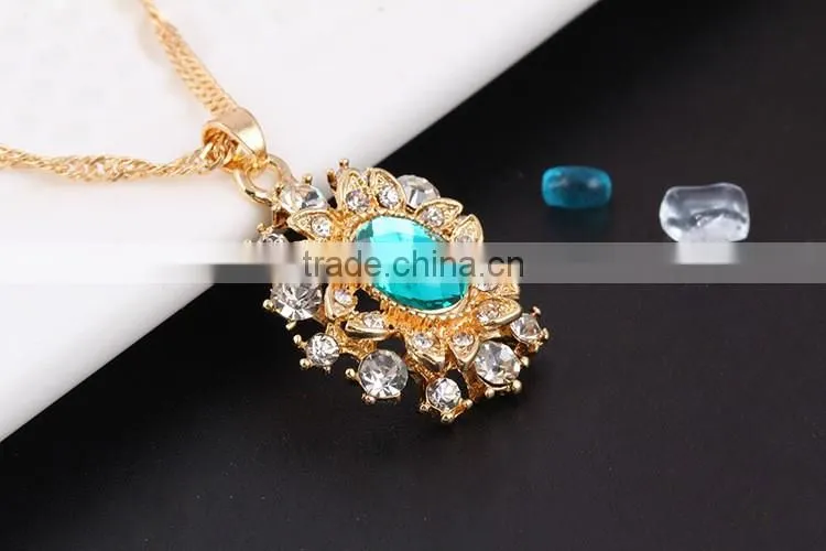 High quality big green stone korea wedding necklace and earring sets gold jewellery