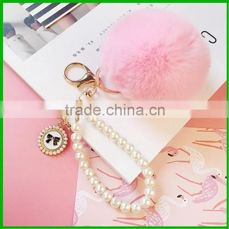 Custom pom pom rabbit fur ball keychain with pearl