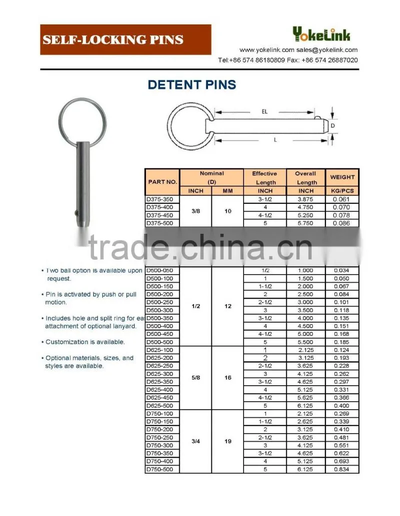 Stainless steel detent pins