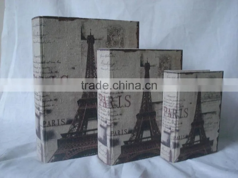 Good quality antique SET OF 3 linen printing covered wooden book box