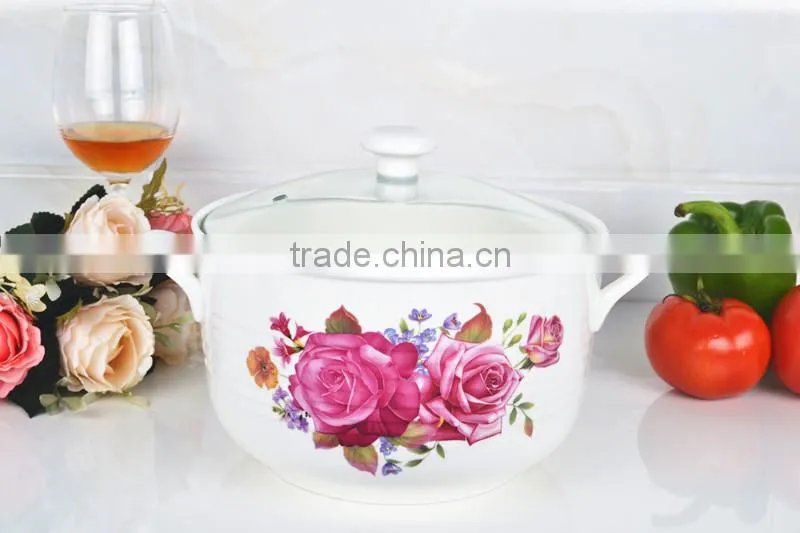 8"Porcelain microwave oven round pot with glass lid