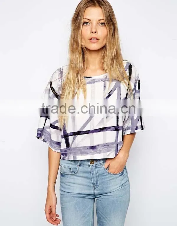 100% Polyester All Over Print Woman Stylish 3/4 Sleeve Raglan T-shirt