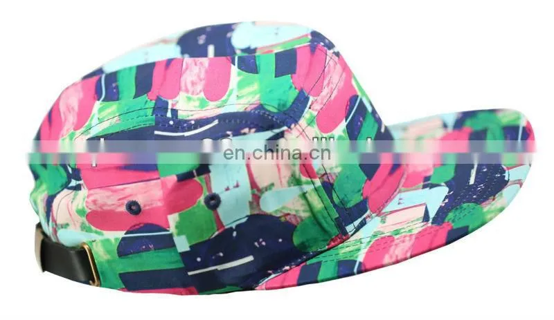 Multi color 80s style 5 panel flat bill strap back hat