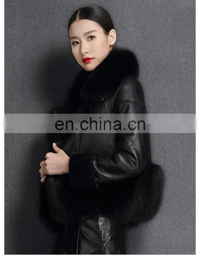 Korean Style High Quality Clothing Winter Women Leather Jacket with Fox Fur Collar