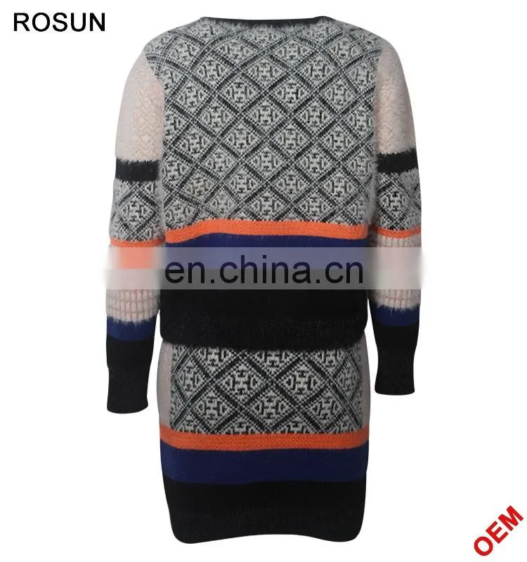 Women Winter Classic Mohair Jacquard Partten Mini Knitted Dress Suits