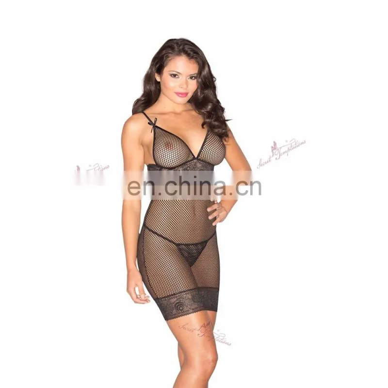 Secret Temptations black hollow-out lace mini chemise women model plus size sexy lingerie
