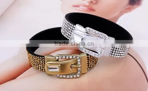 Trendy women's crystal buckle bracelet leather/