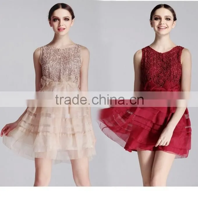 2015 Hot Sale Prom Princess Sleeveless Lace Fashion Dress Design