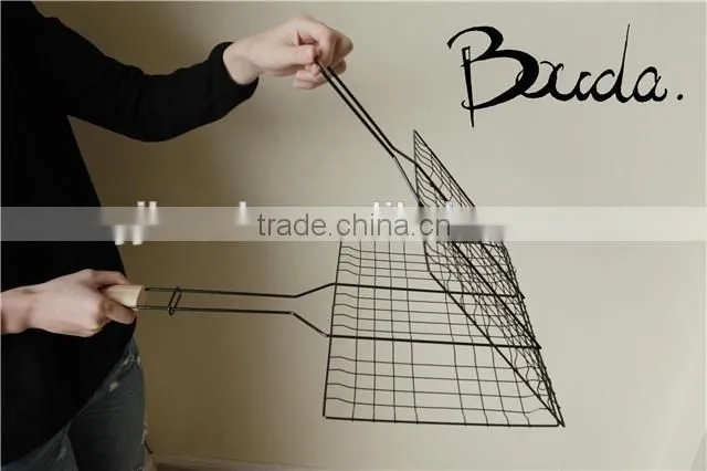 Stainless Steel Double Barebecue bbq Grill Net with wooden handle BD-B8100