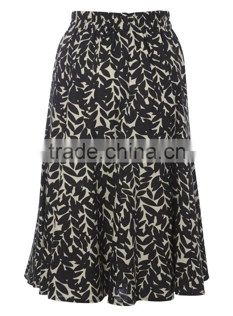 2015 European Lady Fashion Linen Leaf Printed Midi Skirt