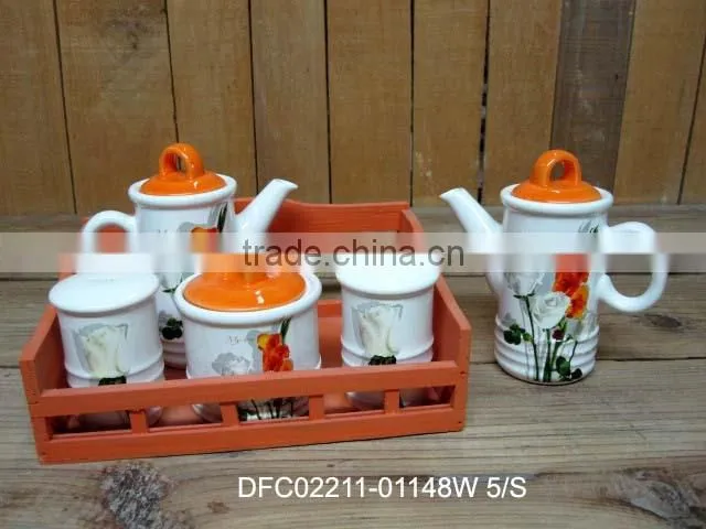 Chinese ink decal ceramic 6pcs canisters set with wood stand