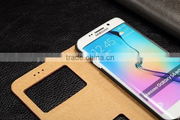Genuine Leather Cover Window Display Stand Phone Flip Case For Samsung Galaxy S6 Edge