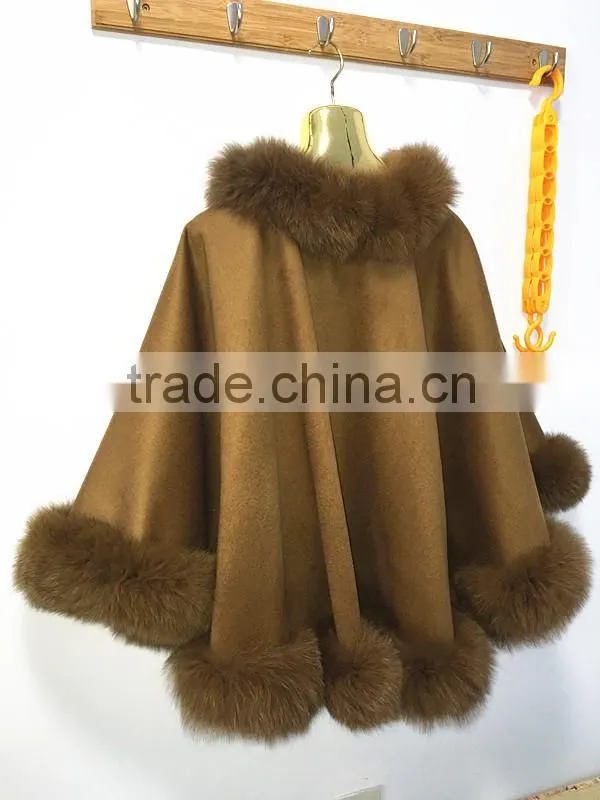 OEM women wholesale hebei camel cashmere and fox fur trim cape