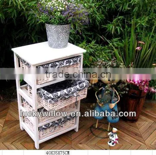 lovery handmade wicker &wood drawer cabinet /wicker or willow storage cabinet with 3 basket(manufacture)