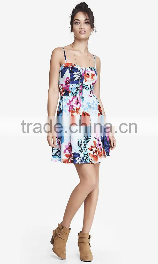 Woman Floral Spaghetti Straps Sexy Skater Rayon Dress