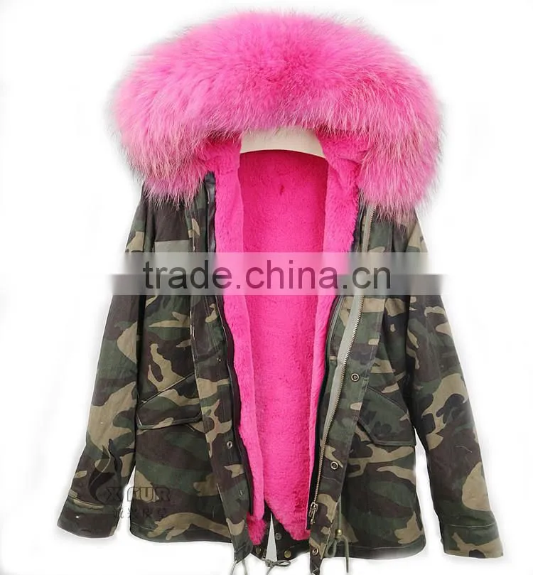 CX-G-P-10A Genuine Faux Fur Coat With Raccoon Fur Collar
