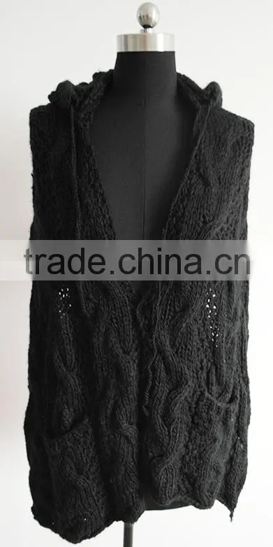 Ladies sleeveless knitted poncho with hood