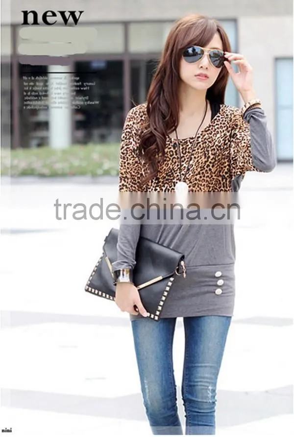 Spring free size new design korean style fashion cotton leopard stitching long sleeve apparel t shirt