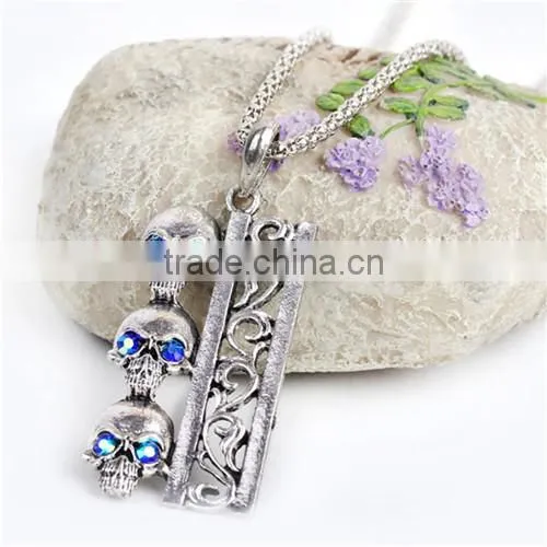 Jewelry Chain Necklace Three Skulls Halloween Pendant Antique Silver Blue AB Color Cubic Zirconia 70cm