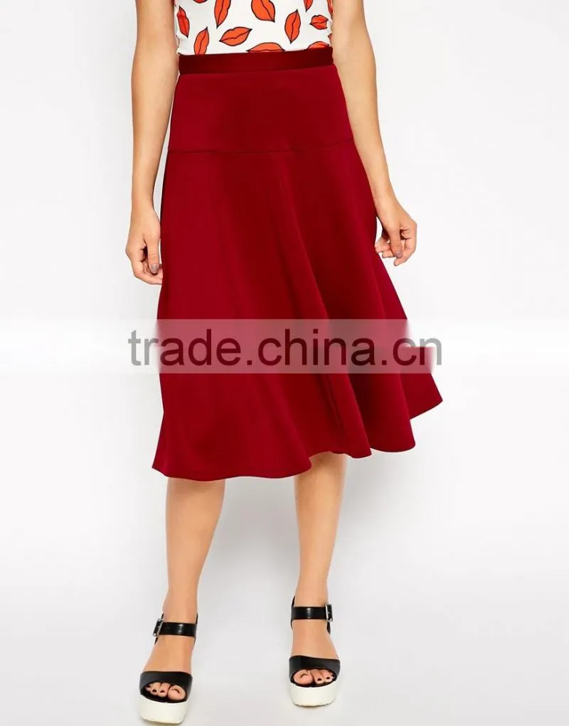 latest fashion new designed plain red longline midi skirt with peplum hem