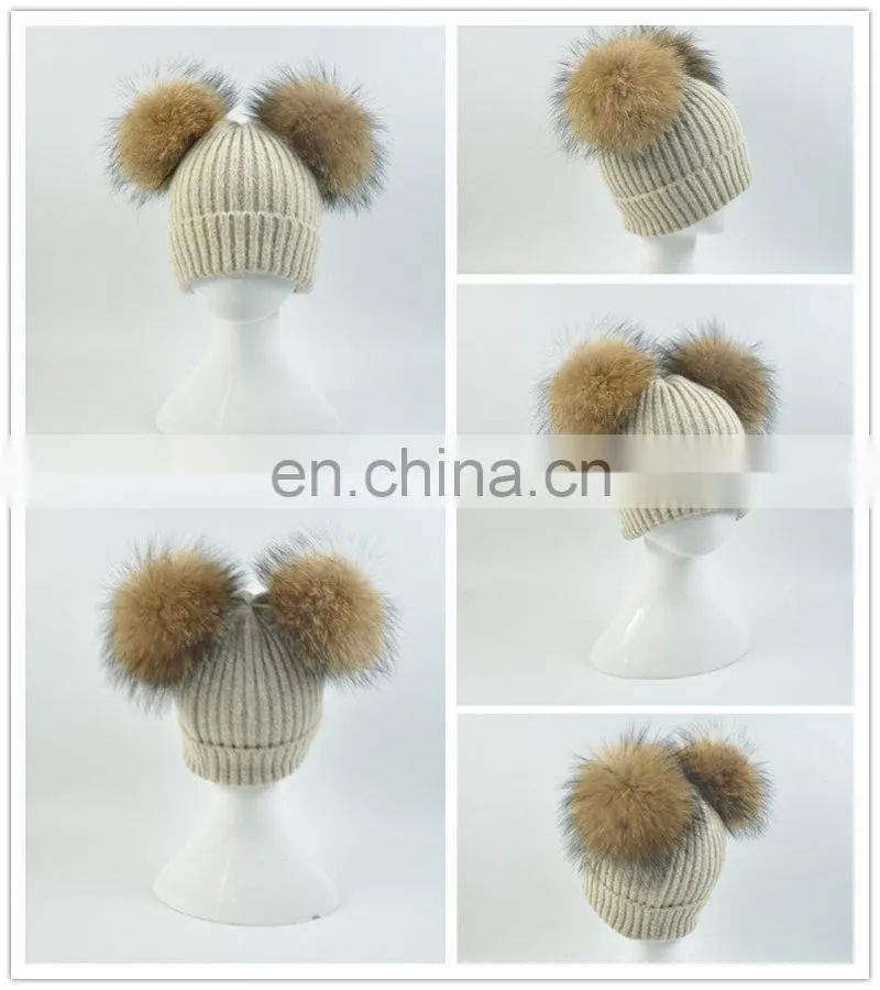 Kids Removable Fur Bobble Hat Winter Double Pom Pom Hat Crochet Kids Hat